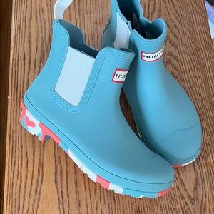 Hunter Teal and Coral Women's Rain Boots